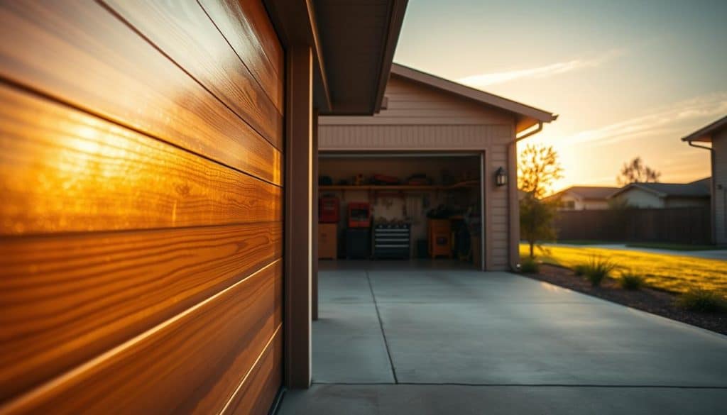 A close-up view of a well-maintained garage door, showcasing its smooth wooden texture and polished finish, positioned prominently in the foreground. The garage door is partially open, revealing a glimpse of a tidy garage interior with tools and equipment organized neatly on shelves, emphasizing functionality and reliability. In the middle ground, a well-lit driveway leads up to the garage, featuring subtle reflections from a late afternoon sun. Soft shadows cast across the scene add depth, while the sky in the background transitions to a warm golden hue, creating a serene atmosphere. The overall mood conveys professionalism and diligence, highlighting the importance of regular maintenance for safety and dependability.