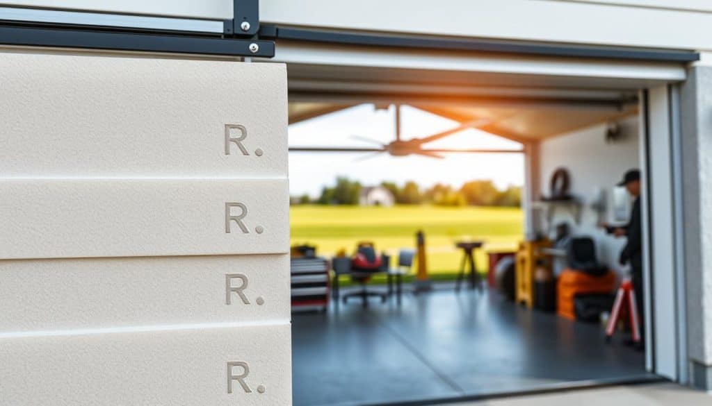 A close-up view of an insulated garage door in a modern residential setting. The foreground showcases the textured surface of the door, highlighting its insulation layers, with visible R-values embossed in the design for emphasis on energy efficiency. In the middle ground, the door is slightly ajar, revealing a spacious, well-lit garage interior equipped with tools and storage units, symbolizing practicality. The background features a suburban landscape with a lush green lawn and a clear blue sky, adding a sense of tranquility. Soft, natural lighting filters through the garage, casting gentle shadows that enhance the details of the door. The overall mood is informative and inviting, capturing the essence of home efficiency while showcasing the technology of insulated garage doors.