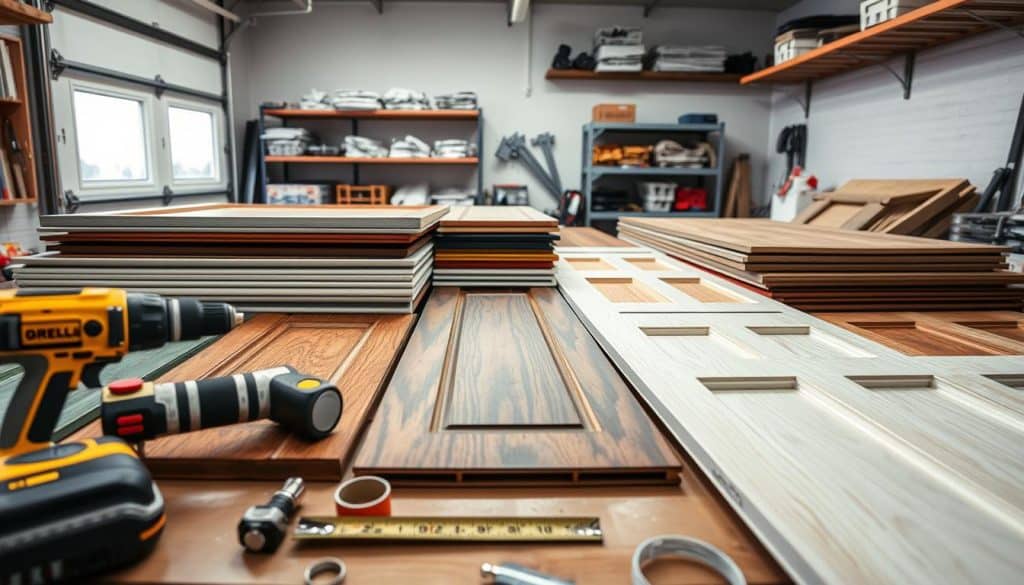 A close-up view of assorted garage door panels laid out on a workbench, showcasing a variety of styles and materials like steel, wood, and fiberglass. In the foreground, include tools such as a power drill, level, and measuring tape, emphasizing a DIY atmosphere. The middle ground features the garage door panels in different colors and textures, neatly organized. The background reveals a well-lit garage space with shelves of additional hardware, like hinges and tracks, creating a workshop environment. Soft, diffused lighting highlights the textures and details of the panels while casting gentle shadows, evoking a sense of preparation and professionalism. The angle is slightly elevated, capturing a comprehensive view of the workspace without any people present.