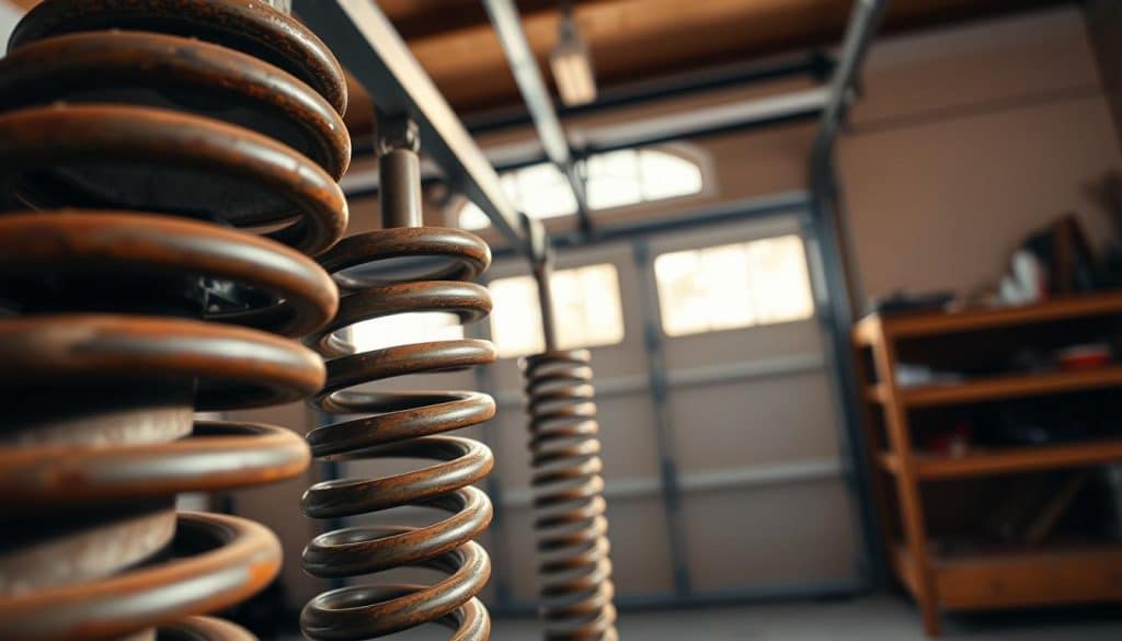 A close-up view of garage door springs in a home garage, prominently displayed in the foreground with intricate details highlighting their coil structure and metal textures. The springs should be in a slightly rusted state, showcasing wear and tear, reflecting their function and age. In the middle ground, a partially open garage door hints at the interior space, illuminated by soft natural light filtering through the top, creating a warm yet functional atmosphere. The background features unused tools and a wooden workbench, lending context to the setting. The image should convey a sense of realism and maintenance, with a focused angle that emphasizes the springs' role in garage door operation. A close-up view of garage door springs in a home garage, prominently displayed in the foreground with intricate details highlighting their coil structure and metal textures. The springs should be in a slightly rusted state, showcasing wear and tear, reflecting their function and age. In the middle ground, a partially open garage door hints at the interior space, illuminated by soft natural light filtering through the top, creating a warm yet functional atmosphere. The background features unused tools and a wooden workbench, lending context to the setting. The image should convey a sense of realism and maintenance, with a focused angle that emphasizes the springs' role in garage door operation.