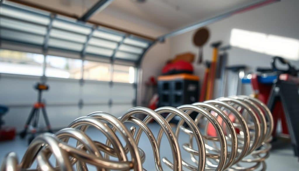 A close-up view of garage door springs in a well-lit, functional garage setting. In the foreground, focus on a set of coiled metal springs, showcasing their intricate design and varying tension levels, with a shiny, reflective surface that captures light. The middle ground features a partially opened garage door, revealing a hint of the driveway outside. In the background, soft shadows cast by tools and equipment create a sense of realism, evoking a typical DIY environment. The overall atmosphere is informative and slightly industrial, emphasizing the importance of understanding garage door mechanics. The lighting is bright and natural, suggesting a sunny day, with a slight angle that enhances the depth of field. A close-up view of garage door springs in a well-lit, functional garage setting. In the foreground, focus on a set of coiled metal springs, showcasing their intricate design and varying tension levels, with a shiny, reflective surface that captures light. The middle ground features a partially opened garage door, revealing a hint of the driveway outside. In the background, soft shadows cast by tools and equipment create a sense of realism, evoking a typical DIY environment. The overall atmosphere is informative and slightly industrial, emphasizing the importance of understanding garage door mechanics. The lighting is bright and natural, suggesting a sunny day, with a slight angle that enhances the depth of field.