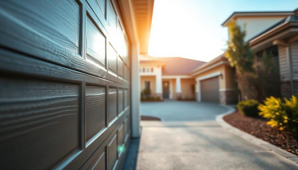A close-up view of insulated garage doors in a modern residential setting, showcasing detailed textures and materials. The foreground features the door with visible insulation panels, emphasizing energy efficiency. Bright, natural lighting illuminates the scene, creating a warm and inviting atmosphere. The middle ground includes a well-kept driveway and attractive landscaping, hinting at a well-maintained home. In the background, there’s a clear blue sky, adding contrast and depth. The angle captures both the intricate design of the garage door and the home's overall aesthetic. The mood is serene and practical, aimed at highlighting the importance of insulated garage doors for homeowners.