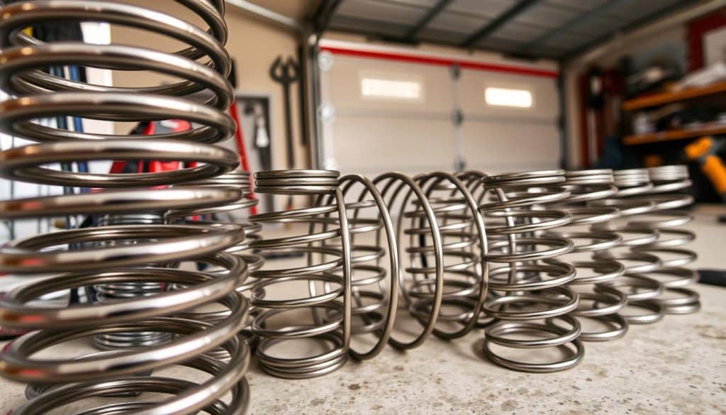 A close-up view of several torsion springs arranged in a workshop setting, showcasing their intricate coil design and steel composition. In the foreground, a large torsion spring, detailed with visible tension coils and glossy metallic finish, captures attention. In the middle section, additional torsion springs of varying sizes are neatly organized on a workbench, highlighting their functional purpose in garage doors. The background features tools and a garage door partially opened, indicating the context of spring replacement. Soft, natural lighting illuminates the scene, casting gentle shadows that enhance texture. The mood is professional and focused, emphasizing the technical nature of garage door maintenance. The angle is slightly above eye level, inviting viewers to explore the mechanics of torsion springs visually.