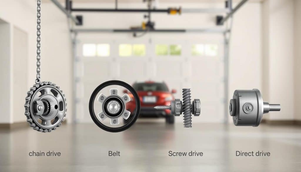 A comparative visualization of garage door opener drive types: chain, belt, screw, and direct drive. In the foreground, detailed illustrations of each drive type, showcasing their mechanisms and components. The chain drive features a chain and sprocket system, the belt drive showcases a flexible belt with pulleys, the screw drive presents a threaded rod mechanism, and the direct drive highlights a simple, direct connection to the motor. In the middle ground, a subtle, blurred garage door is partially visible, hinting at their application. The background is a clean, modern garage setting with soft, natural lighting. Capture a technical and informative mood, emphasizing clarity and educational value. Use a slightly angled perspective to provide depth and focus on the drive types without distraction from any additional elements.