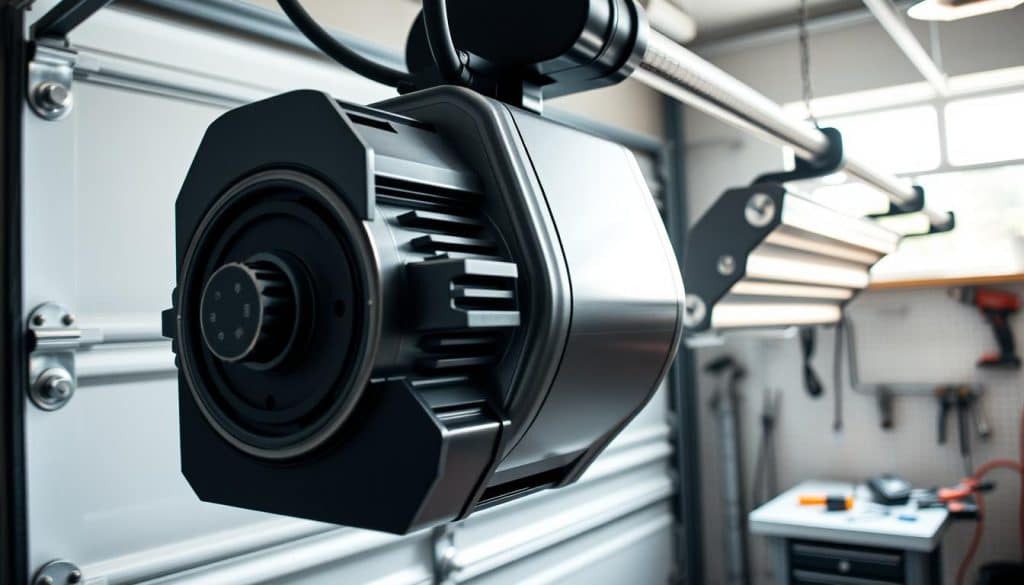 A conceptual image of a modern garage door opener with an emphasis on horsepower and performance. Foreground: a detailed view of a sleek, powerful electric opener, showcasing its robust motor and gears, shimmering in polished metal. Middle: a stylish garage door partially opened, with visible tension cables and tracks, illustrating smooth operation. Background: a well-organized garage space with tools on a workbench, soft natural light streaming through a window, illuminating the scene. The angle is a dynamic close-up that captures the strength and precision of the opener in action and conveys an atmosphere of efficiency and modern design. The overall mood is professional and technical, emphasizing the importance of matching opener power to door specifications.