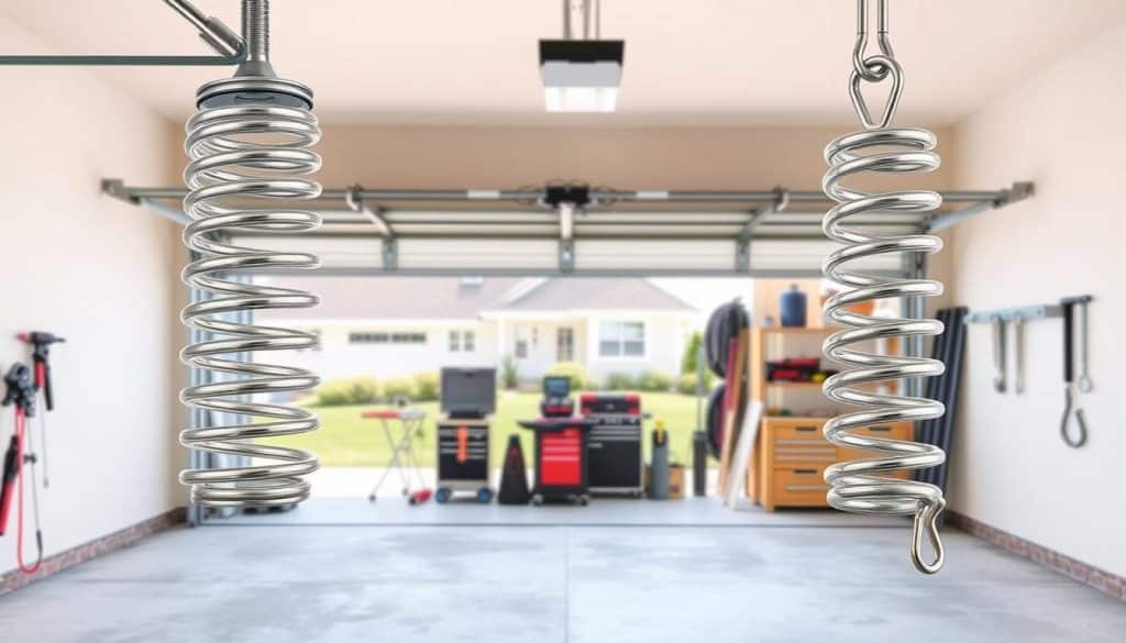 A detailed and informative comparative illustration showing torsion springs and extension springs in a garage door context. Foreground features a well-defined torsion spring coiled above a garage door, showcasing its cylindrical shape and tension mechanism, while an extension spring is depicted alongside, stretched and linear with hooks at both ends. In the middle ground, a partially opened garage door reveals a clean and organized garage with concrete flooring and tools neatly arranged. The background includes an exterior view of a suburban home, providing context. Bright, natural lighting enhances the metallic sheen of the springs, creating a professional atmosphere. The scene is captured from a slightly elevated angle, emphasizing the mechanics of each spring while maintaining clarity and focus on their structures.