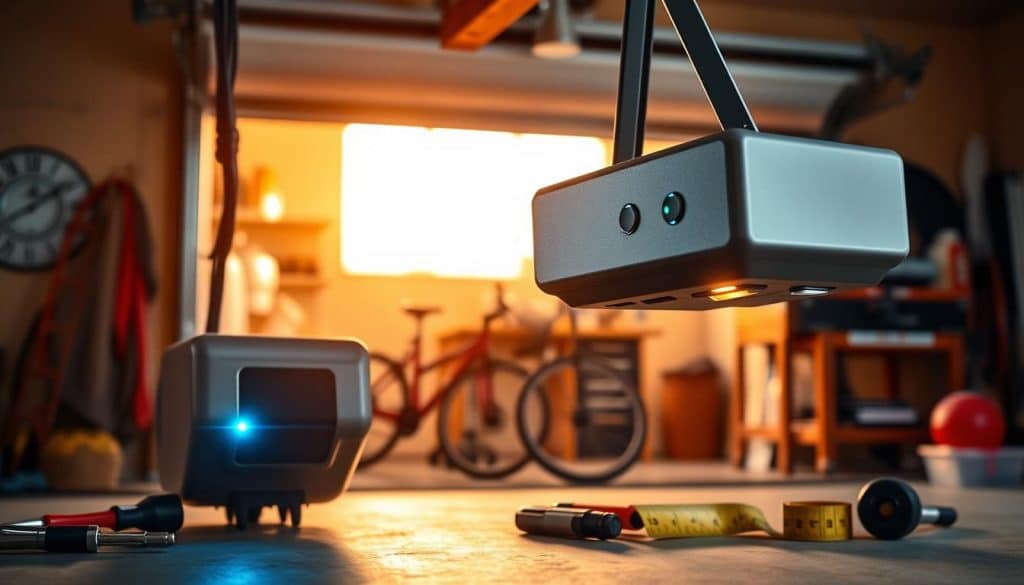 A detailed and modern garage door opener prominently featured in the foreground, its sleek design showcasing functional buttons and a glowing LED indicator. Surround the opener with tools like a small screwdriver and measuring tape, representing a DIY ambiance. In the middle background, show a partially opened garage door revealing a tidy garage space with a family bicycle and a neat workbench, suggesting an organized environment. Include warm, natural lighting streaming from the garage, enhancing the inviting atmosphere. The scene should be shot from a slightly elevated angle to capture both the opener and the garage setting effectively, giving a sense of perspective. The colors should be earthy and warm, creating a cozy yet practical feel to match the lifestyle of a conscientious homeowner.