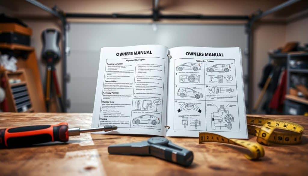 A detailed and open "owners manual" for a garage door opener, prominently displayed in the foreground on a wooden workbench. The manual is well organized with easy-to-read sections, illustrations, and diagrams showing the steps involved in programming a garage door opener. In the middle ground, tools such as a screwdriver, pliers, and a tape measure are neatly arranged beside the manual, highlighting the necessary equipment. The background features a clean and spacious garage interior with soft lighting, casting gentle shadows that create a warm, inviting atmosphere, evoking a sense of readiness and safety. The image captures a practical and professional setting, embodying the theme of home improvement while ensuring the elements relate directly to garage door programming.