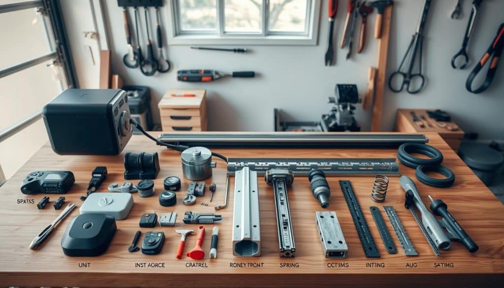 A detailed breakdown of a garage door opener and its installation components, arranged on a sleek wooden workbench. In the foreground, showcase various parts like the motor unit, remote controls, tracks, springs, and installation tools, each labeled for clarity. The middle ground features a partially disassembled garage door, highlighting the mechanisms involved in its operation. In the background, a garage setting with tools hanging on the wall and a window allowing soft, natural light to filter in, creating a warm atmosphere. Use a high-angle perspective to capture the scene comprehensively, evoking a sense of expertise and professionalism. The overall mood is informative and engaging, perfect for a DIY or home improvement context.