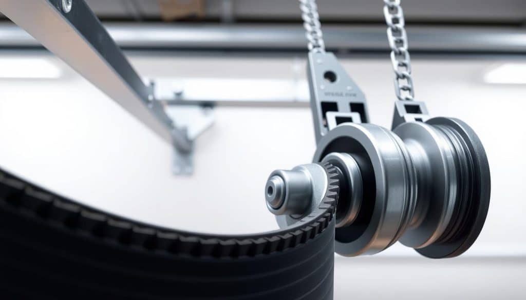 A detailed, close-up illustration of a garage door belt drive system, showcasing the intricate components. In the foreground, highlight the smooth, resilient rubber belt, prominently featuring its teeth and tensioner, positioned alongside metal pulleys. The belt should appear slightly worn to suggest usage, adding an authentic touch. In the middle ground, include a mounting bracket attached to the garage door frame, with subtle metallic textures reflecting light. The background should be softly blurred with hints of a garage interior, emphasizing a clean, modern space. The lighting should be bright and even, highlighting the details of the belt drive. The mood is technical and informative, perfect for educating readers about this essential component in garage door systems.