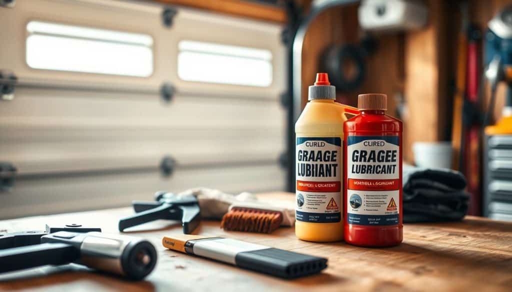 A detailed close-up image of a bottle of garage door lubricant, placed on a clean, wooden workbench. The lubricant is bright and prominently labeled, showcasing its sleek design with a glossy finish. In the foreground, tools such as a grease gun, a brush, and rags are neatly arranged beside the lubricant, emphasizing a well-organized workspace. The middle ground features a partially visible garage door mechanism, hinting at its purpose, while the background subtly shows a blurred garage environment, enhancing the focus on the lubricant and tools. The lighting is warm, casting soft shadows that suggest a cozy, professional atmosphere. The image should capture a sense of readiness and expertise, ideal for showcasing the importance of proper garage door maintenance. A detailed close-up image of a bottle of garage door lubricant, placed on a clean, wooden workbench. The lubricant is bright and prominently labeled, showcasing its sleek design with a glossy finish. In the foreground, tools such as a grease gun, a brush, and rags are neatly arranged beside the lubricant, emphasizing a well-organized workspace. The middle ground features a partially visible garage door mechanism, hinting at its purpose, while the background subtly shows a blurred garage environment, enhancing the focus on the lubricant and tools. The lighting is warm, casting soft shadows that suggest a cozy, professional atmosphere. The image should capture a sense of readiness and expertise, ideal for showcasing the importance of proper garage door maintenance.