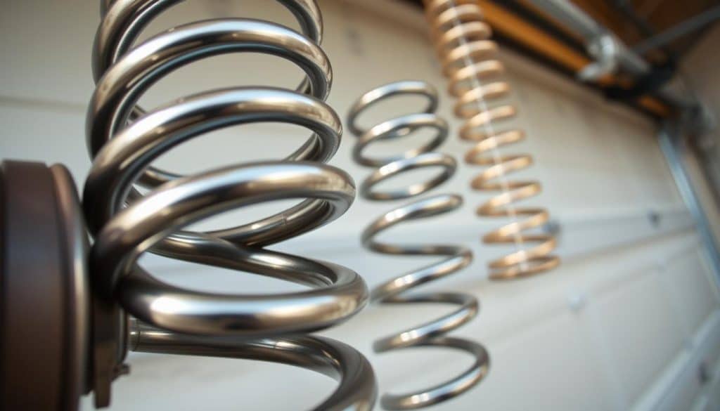 A detailed close-up image of a garage door spring, showcasing both torsion and extension springs to highlight their differences. The foreground features the intricate metal coils of a torsion spring, reflecting a polished finish, while the background includes an extension spring, coiled and slightly more elongated, both positioned against the backdrop of a garage door in need of repair. Soft, natural lighting illuminates the scene, providing clear shadows that emphasize the textures of the metal. The angle captures the springs from a low perspective, inviting the viewer to appreciate their engineering detail. The mood is informative and focused, ideal for conveying a sense of repair and maintenance within a residential garage setting.