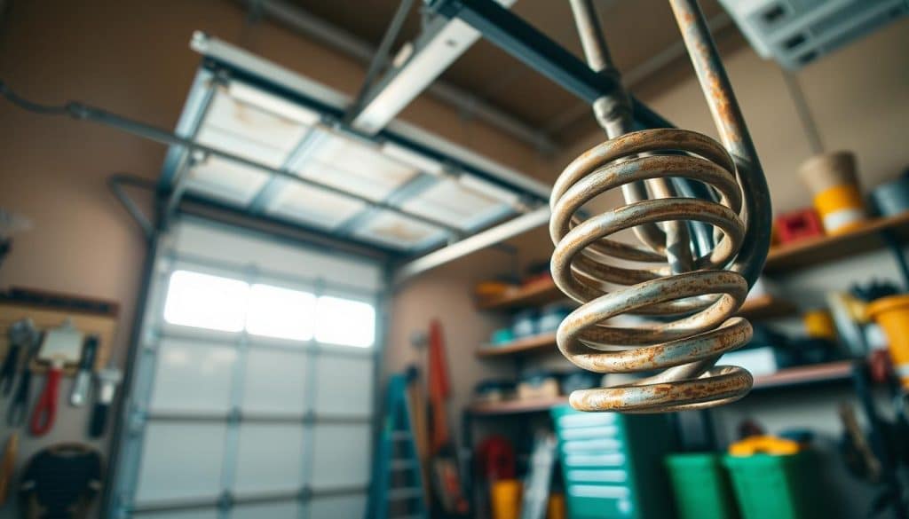 A detailed close-up of a garage door spring in the foreground, showcasing its coiled metal structure with rusted edges, highlighting wear and tension. In the middle ground, include a partially opened garage door, emphasizing the mechanics involved in its operation. The background features a well-lit garage with tools and equipment organized neatly on shelves, creating a sense of order. Use natural lighting from a nearby window to illuminate the scene, casting soft shadows that enhance the depth. Capture the image from a low angle, focusing on the spring's details while retaining a clear view of the garage environment. The overall atmosphere should convey professionalism and practicality, illustrating the essential components related to garage door repairs.