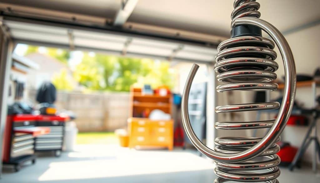 A detailed close-up of a garage door spring set against the backdrop of a suburban garage. In the foreground, the coiled steel spring is prominently displayed, showcasing its tension and mechanics. The midground features a partially open garage door, revealing an organized workspace, with tools subtly arranged on a workbench. The background includes a bright, sunny day with green trees peeking from the driveway. Soft lighting enhances the metallic sheen of the spring, while shadows create depth. The image conveys a sense of functionality and reliability, illustrating the essential role of the garage door spring in the operation of the door mechanism. The composition captures a blend of technical detail and a clean, inviting atmosphere.