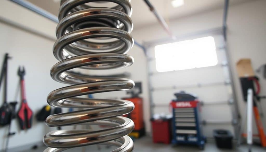 A detailed close-up of a garage door torsion spring, showcasing its intricate spiral design and metallic texture. The foreground features the spring, glistening under soft, diffused natural light that highlights its coils and tension mechanism. In the middle ground, a partially opened garage door can be seen, subtly out of focus, providing context for the spring’s function. The background includes a clean, neatly organized garage space with tools and equipment, enhancing the practical atmosphere of the scene. Capture the image from a low angle, emphasizing the size and complexity of the spring. The overall mood should be informative and technical, suitable for demonstrating the importance of garage door spring size and mechanics in a home improvement context.