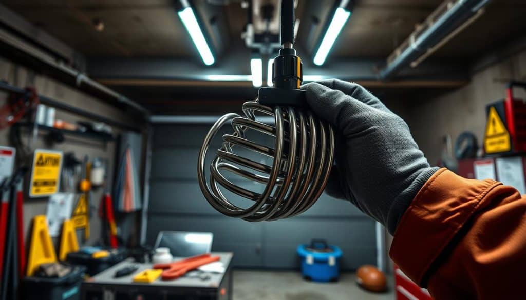 A detailed close-up of a high-tension garage door spring, showcasing its intricate coil structure and attachment points, emphasizing the potential danger it poses. In the foreground, a pair of gloved hands in professional work attire cautiously analyze the spring, ensuring safety protocols are observed. The middle ground features various safety tools and equipment, like safety glasses, warning signs, and a toolbox, all arranged neatly to indicate preparedness. The background includes a dimly lit garage, illuminated by focused overhead lighting, casting dramatic shadows to enhance the tension of the scene. The atmosphere should convey a sense of urgency and professionalism, highlighting the importance of safety when dealing with high-tension springs.