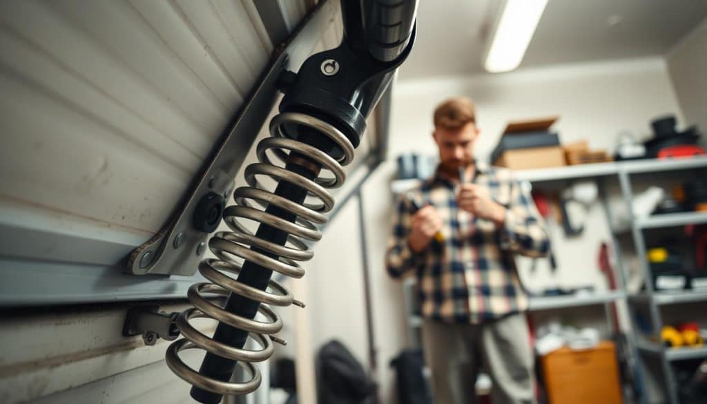 A detailed close-up view of a garage door spring mechanism in action, highlighting its coils and tension settings. The foreground showcases a well-maintained garage door with visible wear from common use, emphasizing the springs. In the middle ground, a professional handyman in modest casual clothing inspects the mechanism, holding tools in one hand. The background features a clean, organized garage workspace with shelves of tools and parts, bright ambient lighting illuminating the scene. The mood conveys a blend of professionalism and practicality, focusing on the importance of maintenance and awareness of repair costs. The perspective is slightly angled to emphasize the intricate details of the spring and the overall functionality of the garage door system. A detailed close-up view of a garage door spring mechanism in action, highlighting its coils and tension settings. The foreground showcases a well-maintained garage door with visible wear from common use, emphasizing the springs. In the middle ground, a professional handyman in modest casual clothing inspects the mechanism, holding tools in one hand. The background features a clean, organized garage workspace with shelves of tools and parts, bright ambient lighting illuminating the scene. The mood conveys a blend of professionalism and practicality, focusing on the importance of maintenance and awareness of repair costs. The perspective is slightly angled to emphasize the intricate details of the spring and the overall functionality of the garage door system.