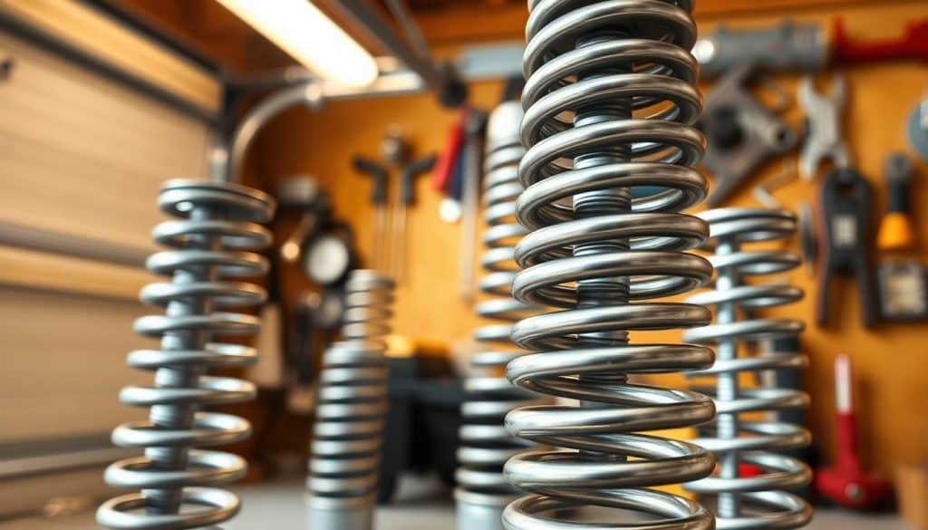 A detailed close-up view of torsion springs designed for garage doors, prominently placed in the foreground. The springs should exhibit their coiled structure and metallic finish, showcasing the potential for tension and durability. In the middle ground, include parts of a garage door with visible brackets and other spring types for context, such as extension springs, subtly blurred but recognizable. The background features a softly lit garage interior with tools and hardware, creating a practical and industrial atmosphere. The lighting is warm and inviting, with a slight reflection on the metallic surfaces to enhance depth, captured at an angle that highlights the intricacies of the springs. The overall mood is informative and professional, suited to an instructional setting. A detailed close-up view of torsion springs designed for garage doors, prominently placed in the foreground. The springs should exhibit their coiled structure and metallic finish, showcasing the potential for tension and durability. In the middle ground, include parts of a garage door with visible brackets and other spring types for context, such as extension springs, subtly blurred but recognizable. The background features a softly lit garage interior with tools and hardware, creating a practical and industrial atmosphere. The lighting is warm and inviting, with a slight reflection on the metallic surfaces to enhance depth, captured at an angle that highlights the intricacies of the springs. The overall mood is informative and professional, suited to an instructional setting.