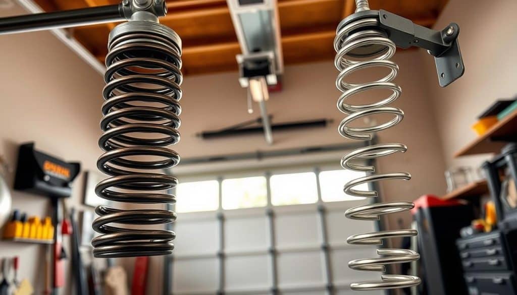 A detailed comparison of torsion springs and extension springs in a garage environment. In the foreground, prominently feature a torsion spring, coiled tightly and mounted above a garage door, showcasing its winding mechanism. Next to it, display an extension spring, elongated and attached to a side bracket, highlighting its stretched design. In the middle ground, include a partially open garage door to provide context, with soft natural light filtering in from outside, creating a professional atmosphere. The background should show the garage's interior with tools and equipment neatly organized. Use a slightly angled perspective to enhance depth, focusing on the springs' mechanics and their differences. The overall mood should be informative and technical, suitable for an educational illustration.