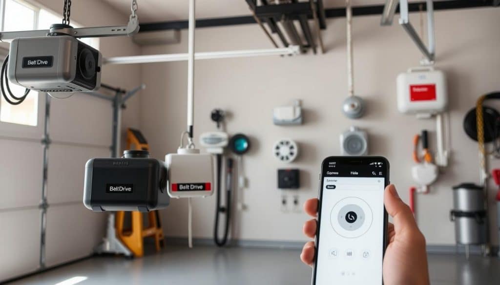 A detailed comparison of various garage door opener types displayed in a well-lit garage setting. In the foreground, prominently feature a chain drive opener, a belt drive opener, and a screw drive opener, each with distinct labels and visual characteristics. In the middle, include a jackshaft opener mounted beside a door, and a direct drive opener showcased on the wall. In the background, a smart garage door opener is visible on a smartphone screen, subtly indicating modern technology. The image should have bright, natural lighting to enhance visibility and clarity, with a wide-angle perspective that captures the entire scene. The atmosphere should be informative and professional, suitable for educational purposes.