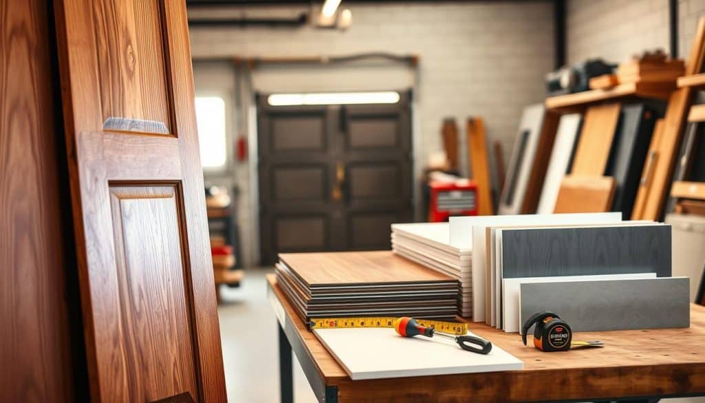 A detailed display of various garage door materials, showcasing wooden, metal, fiberglass, and vinyl sections arranged in a professional workshop setting. In the foreground, include a close-up of a wooden door panel with a rich grain texture and a metal door with a sleek finish, both well-lit to highlight their unique features. The middle ground features samples of fiberglass and vinyl doors displayed on a sturdy workbench, with tools like a tape measure and a screwdriver nearby, all under soft, balanced lighting. In the background, a blurred view of a garage with partially open doors and sunlight streaming in, creating a warm, inviting atmosphere that emphasizes craftsmanship and repair. The overall mood is professional and informative, focused on materials and their quality.