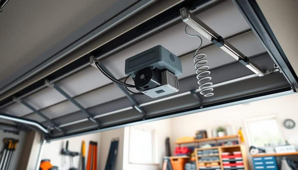 A detailed illustration of a garage door system in action, showcasing key components like the door, tracks, springs, and motor. In the foreground, a half-opened modern garage door reveals the intricate mechanisms, with visible cables and pulleys. In the middle ground, focus on the motor unit and the torsion springs, emphasizing their role in lifting and lowering the door. The background features a clean garage setting, with tools and storage neatly organized. Use natural lighting to create a realistic atmosphere, casting soft shadows that highlight the textures of the door and components. The angle is slightly tilted from below, capturing the full height of the garage door system and conveying a sense of functionality and reliability. A detailed illustration of a garage door system in action, showcasing key components like the door, tracks, springs, and motor. In the foreground, a half-opened modern garage door reveals the intricate mechanisms, with visible cables and pulleys. In the middle ground, focus on the motor unit and the torsion springs, emphasizing their role in lifting and lowering the door. The background features a clean garage setting, with tools and storage neatly organized. Use natural lighting to create a realistic atmosphere, casting soft shadows that highlight the textures of the door and components. The angle is slightly tilted from below, capturing the full height of the garage door system and conveying a sense of functionality and reliability.