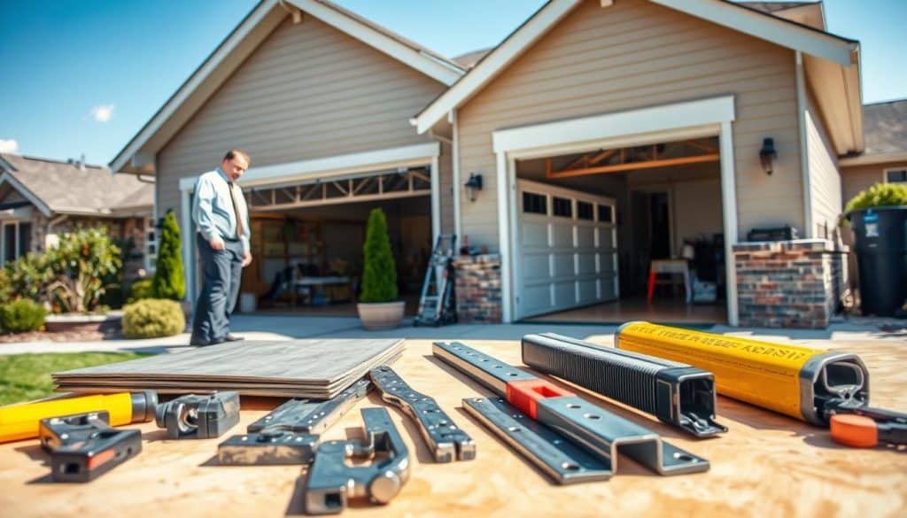 A detailed image of a garage door replacement scenario. In the foreground, a professional contractor in smart casual attire is inspecting a garage door attached to a suburban home. In the middle ground, several tools and replacement parts—like panels, tracks, and hinges—are laid out neatly on a workbench. In the background, a house with an open garage reveals an older, worn-out garage door, emphasizing the need for replacement. The lighting is bright and natural, highlighting the textures of the materials. The angle captures both the contractor’s focused expression and the overall home environment, creating a serious yet approachable atmosphere that conveys the importance of understanding replacement costs. A detailed image of a garage door replacement scenario. In the foreground, a professional contractor in smart casual attire is inspecting a garage door attached to a suburban home. In the middle ground, several tools and replacement parts—like panels, tracks, and hinges—are laid out neatly on a workbench. In the background, a house with an open garage reveals an older, worn-out garage door, emphasizing the need for replacement. The lighting is bright and natural, highlighting the textures of the materials. The angle captures both the contractor’s focused expression and the overall home environment, creating a serious yet approachable atmosphere that conveys the importance of understanding replacement costs.