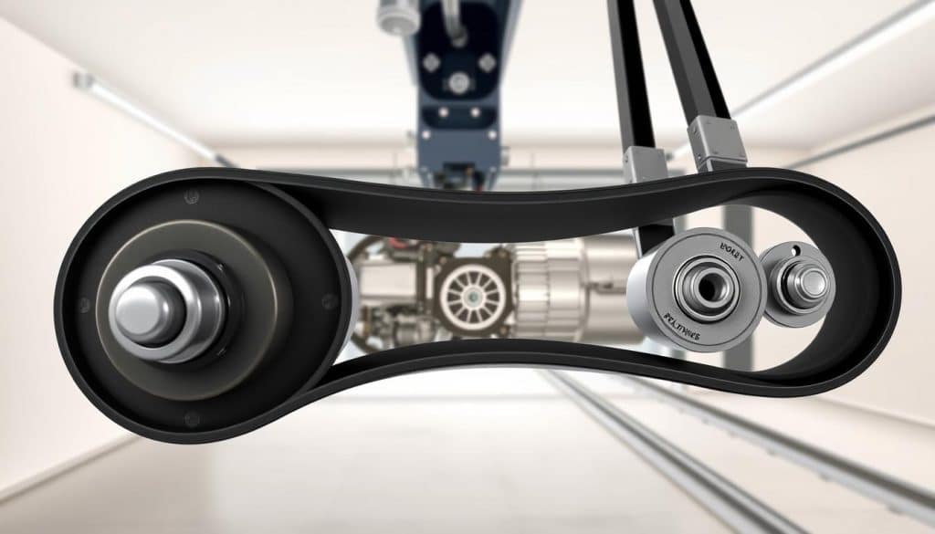 A detailed technical illustration showcasing various types of belt drives used in garage door openers. In the foreground, depict a close-up view of a belt drive system with a smooth polyurethane belt, metal pulleys, and mounting brackets, all featuring meticulous detailing. The middle layer should include an image of a garage door opener unit with visible motor components and drive mechanisms, framed dramatically for clarity. In the background, create a subtle representation of a modern garage interior, emphasizing the door’s tracks and the overall mechanism’s functionality. Use soft, even lighting to highlight textures, and employ a slightly angled perspective to provide depth. The mood should evoke a sense of precision and reliability, suitable for an informative article. A detailed technical illustration showcasing various types of belt drives used in garage door openers. In the foreground, depict a close-up view of a belt drive system with a smooth polyurethane belt, metal pulleys, and mounting brackets, all featuring meticulous detailing. The middle layer should include an image of a garage door opener unit with visible motor components and drive mechanisms, framed dramatically for clarity. In the background, create a subtle representation of a modern garage interior, emphasizing the door’s tracks and the overall mechanism’s functionality. Use soft, even lighting to highlight textures, and employ a slightly angled perspective to provide depth. The mood should evoke a sense of precision and reliability, suitable for an informative article.