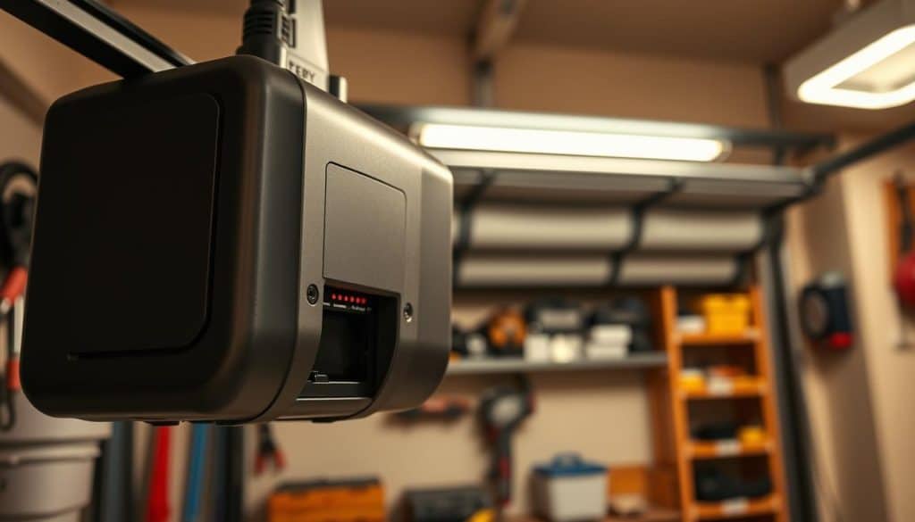 A detailed view of a garage door opener battery backup unit, prominently displayed in the foreground, showcasing its sleek design and technical features like LED indicators and battery compartment. In the middle ground, a partially open garage door reveals a tidy garage interior with tools neatly stored on shelves. The background features a well-lit environment with soft overhead lighting that highlights the opener's metallic finish, creating a polished and professional atmosphere. The perspective is slightly angled to emphasize the dimensions and functionality of the battery backup while maintaining focus on the opener itself. Warm tones dominate the image, evoking a sense of reliability and security.