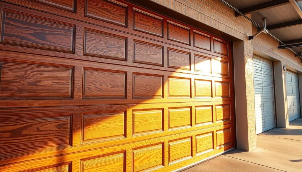 A detailed view of a modern garage showcasing various types of garage doors, each representing different materials and styles, such as wooden, steel, and aluminum. In the foreground, a close-up of a contemporary wooden garage door with intricate grain patterns. The middle ground features a stylish steel door with minimalistic design, while the background includes a traditional aluminum door for contrast. The lighting is warm and inviting, simulating late afternoon sunlight that highlights the textures of each door. The scene conveys a sense of professionalism and quality, suitable for a home improvement context, with a clean environment and no distractions in the background. Capture the essence of garage door variety and its influence on installation costs.