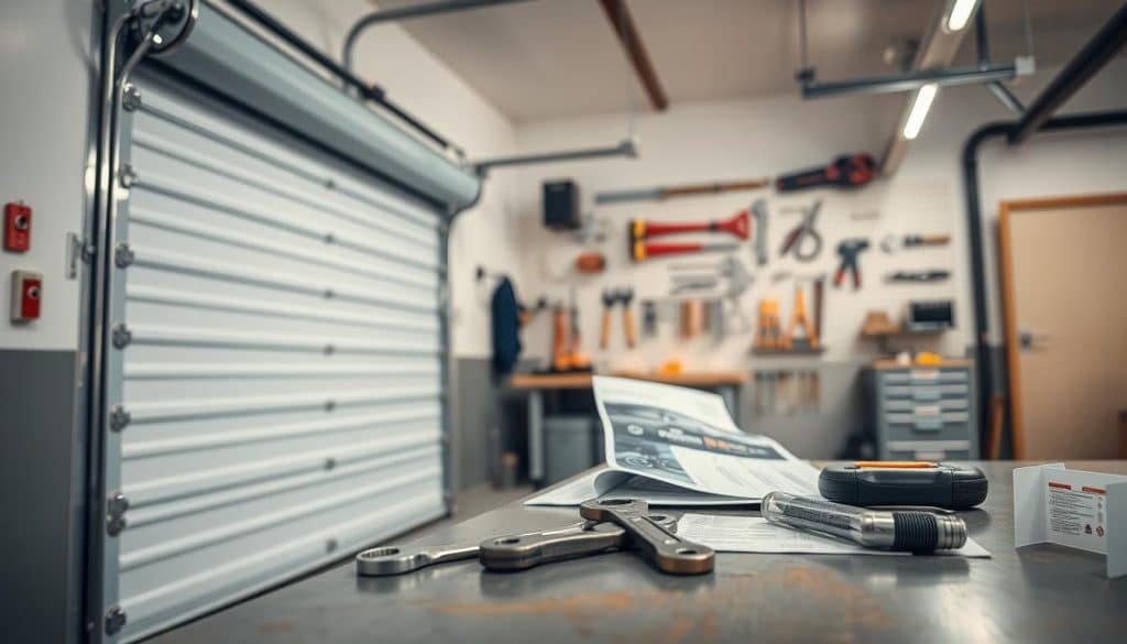 A detailed view of a modern safety garage door, prominently featured in the foreground, showcasing its robust design and safety features. The garage door is a stylish, insulated rolling model with a smooth finish, equipped with safety sensors and reinforced edges. In the middle ground, tools such as a wrench and a guidance manual are neatly arranged on a workbench, indicating a DIY repair environment. The background features a well-lit garage interior with clean lines, a pegboard filled with tools, and soft ambient lighting that enhances the scene’s practicality. The atmosphere conveys a sense of readiness and safety, emphasizing the importance of proper maintenance. The perspective is slightly angled to capture depth, creating an inviting and professional look.