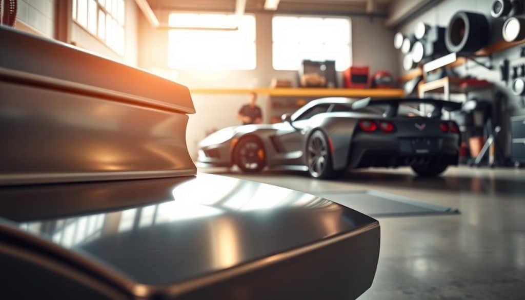 A dynamic scene illustrating "horsepower" in an automotive context. In the foreground, a powerful and sleek modern garage door opener is showcased, gleaming metallic surface reflecting ambient light, accentuating its robust design. In the middle ground, a tautly stretched measuring tape reveals horsepower ratings next to a high-performance car, emphasizing power and performance. The background features an organized garage setting, with tools and car parts neatly arranged, creating a sense of professionalism and readiness. Soft, natural daylight streams in through a large window, casting subtle shadows and enhancing textures, while a warm color palette gives the image an inviting atmosphere. The composition is shot from a low angle, emphasizing the door opener's strength and capabilities, with a smooth focus that directs attention to the key elements.