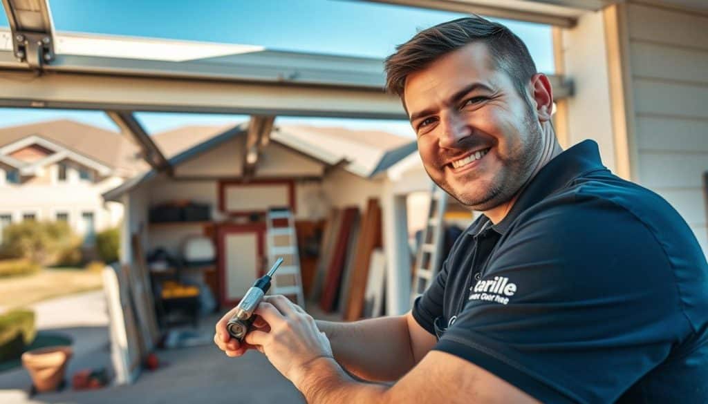 A family-owned garage door repair company in action. In the foreground, a professional technician in a branded polo shirt works meticulously on a garage door, using tools such as a wrench and screwdriver, showing expertise and care. In the middle, the partially opened garage reveals a neat workspace with tools organized, a ladder leaning against the wall, and a variety of garage doors displayed for installation. In the background, a suburban neighborhood with well-maintained houses and a clear blue sky creates a welcoming atmosphere. Soft afternoon sunlight illuminates the scene, casting gentle shadows that enhance the sense of trust and professionalism. The focus is sharp on the technician, emphasizing their friendly demeanor and skill.