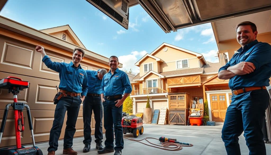 A friendly and professional scene showcasing a team of garage door experts working in their local community. In the foreground, three technicians in neat business attire, including blue shirts and tool belts, are actively inspecting a modern garage door, with tools and equipment scattered around them. In the middle ground, a well-organized garage with a variety of garage door styles displayed, showcasing their expertise. The background features a suburban neighborhood with charming homes and a clear blue sky, conveying a sense of trust and community. The lighting is warm and inviting, highlighting the technicians' smiles and teamwork. The angle captures the dynamic of the experts collaborating, emphasizing their dedication to service.