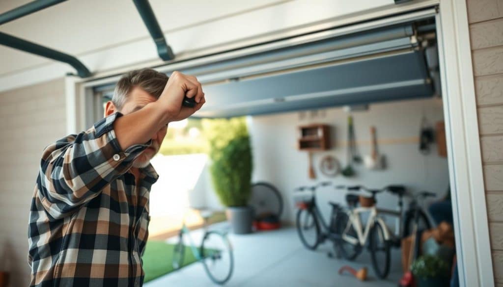 A man in a modest casual outfit, such as a plaid shirt and jeans, is manually opening a traditional garage door. The foreground shows the man's focused expression as he grips the door handle, showcasing the effort involved in the task. In the middle ground, the garage door is partially lifted, with visible hardware and pulleys that illustrate how it operates. The background features a well-maintained suburban garage setting, complete with parked bicycles and gardening tools. Soft, natural lighting filters through the open door, casting gentle shadows that add depth to the scene. The atmosphere conveys a sense of determination and practicality, emphasizing the hands-on approach to home maintenance.