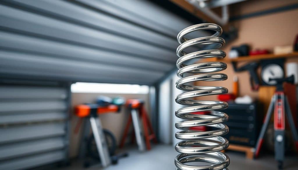 A meticulous close-up of torsion springs specifically designed for garage doors. In the foreground, showcase a shiny, coiled torsion spring, emphasizing its tightly wound structure and metallic sheen. The middle layer should include a garage door partially open, revealing the internal mechanisms, with the torsion spring prominently displayed, creating a sense of functionality. In the background, hint at a garage environment with tools neatly arranged, and soft, diffused lighting that casts gentle shadows, providing depth. Capture the scene from a slight angle, as if inviting the viewer to explore. The overall mood should be technical yet approachable, conveying a sense of reliability and precision in the mechanics of garage door systems.