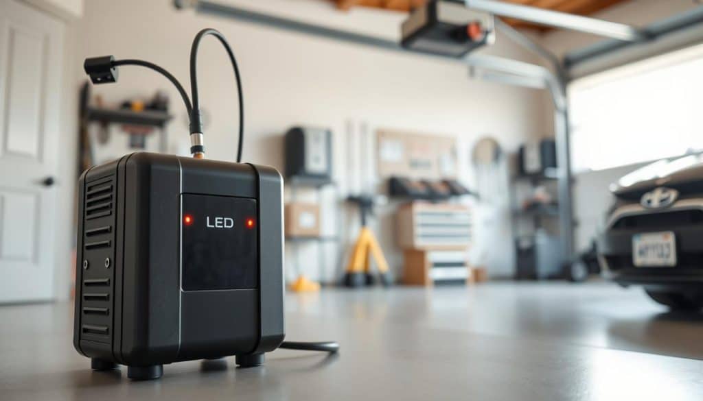 A modern battery backup system designed for a garage door opener, prominently displayed in the foreground with a sleek, compact design featuring LED indicators. In the middle, a garage door opener mechanism is partially visible, with wires connecting to the battery backup, illustrating the functional relationship. The background shows a neatly organized garage with tools and a car, conveying a sense of order and readiness. Soft, natural lighting filters through a window, highlighting the battery system and the door opener, creating a warm and inviting atmosphere. The angle captures the scene from a slightly elevated perspective, providing a comprehensive view while maintaining focus on the battery backup's importance during a power outage, evoking reliability and security.