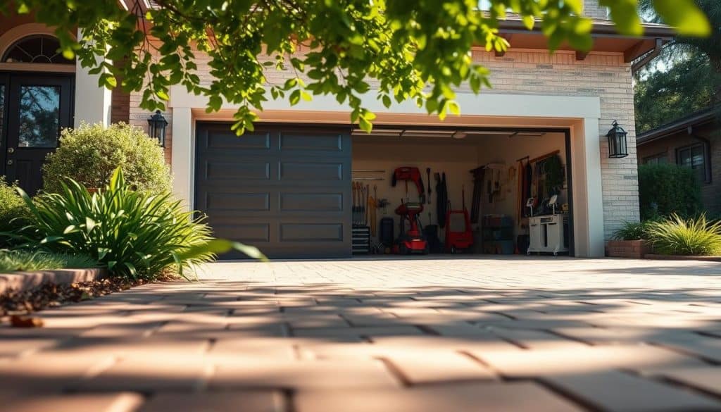 A modern garage door in a suburban setting, showcasing a sleek, insulated steel design with vertical paneling and a contrasting trim. In the foreground, focus on the rustic brick driveway, reflecting the home’s classic architecture. The middle ground features the garage door slightly open, revealing a well-organized interior with tools neatly hung on the walls. In the background, lush greenery frames the scene, adding a vibrant pop of color. Soft afternoon sunlight casts gentle shadows, creating a warm and inviting atmosphere. The angle captures the scene from a low perspective, emphasizing the door's height and the surrounding environment. The overall mood conveys a sense of home and maintenance, underscoring the importance of garage door repair.