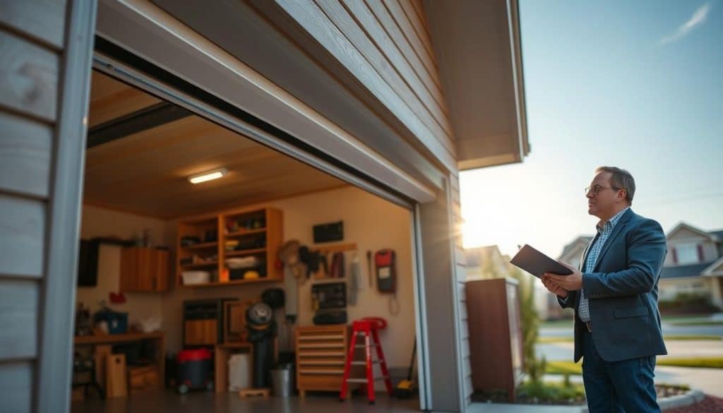 A modern garage door in the foreground, showcasing a sleek, insulated design with wood-like textures and contemporary hardware. The door is partially open, revealing a glimpse of a well-organized garage interior featuring tools and storage solutions. In the middle ground, a professional home improvement expert in a smart casual outfit inspects the door with a clipboard, conveying a sense of assessment and decision-making. The background features a suburban neighborhood, with a clear blue sky and soft morning light filtering through, creating an inviting atmosphere. Use a wide-angle perspective to capture both the garage and the expert in action, highlighting the topic of repair versus replacement choices in a visually appealing manner.