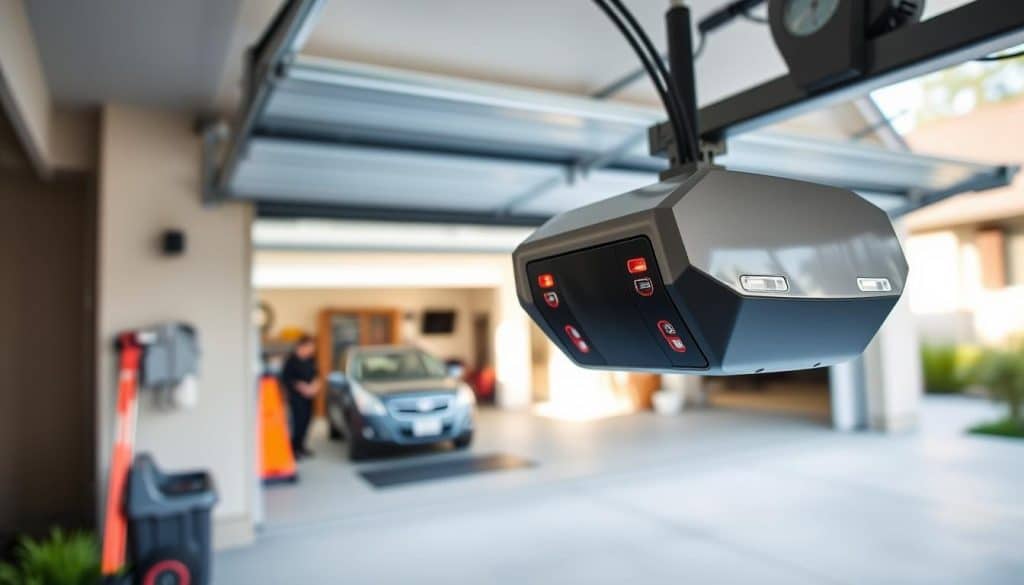 A modern garage door opener displayed prominently in the foreground, showcasing its sleek, high-tech design with buttons and LED indicators. In the middle ground, a slightly opened garage door reveals a spacious garage with tools and a car, hinting at typical home setup. The background features a well-maintained suburban house and driveway, under soft, natural daylight. The scene is captured from a slightly low angle to give a sense of depth, and the lighting highlights the shiny surfaces of the opener and the garage door. The overall mood is inviting and practical, emphasizing the functionality and aesthetic of contemporary garage door openers.