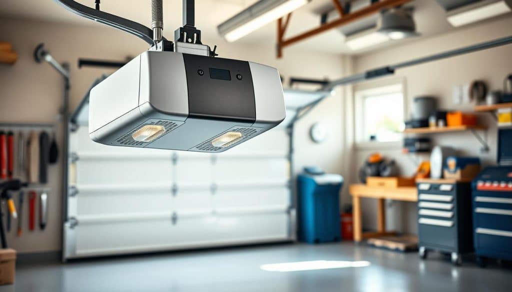 A modern garage door opener prominently displayed in a well-lit, organized garage space. In the foreground, the sleek device is shown from a slightly elevated angle, highlighting its design features such as a digital panel, LED indicators, and a wireless remote control. The middle ground includes a section of the garage door partially raised, showcasing the smooth mechanics of the opener in action. In the background, tools, storage units, and a workbench add depth, with soft natural lighting filtering through a window, creating an inviting atmosphere. The overall mood is professional and informative, reflecting a well-maintained home garage setting perfect for illustrating a guide on selecting garage door openers.