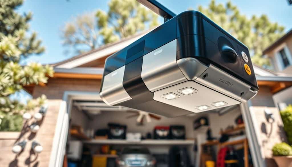 A modern garage door opener prominently displayed in the foreground, showcasing a sleek, high-tech design with a shiny metallic finish and illuminated buttons. The middle ground features a partially opened garage door, revealing a stylish garage interior with tools and equipment neatly organized on shelves. In the background, an exterior view of a suburban home is visible, with a clear blue sky and green trees framing the scene. The lighting is bright and natural, creating an inviting atmosphere, with soft shadows emphasizing the contours of the opener. Shot from a low angle to highlight the opener's features, capturing a professional and polished look that conveys reliability and modern home functionality.
