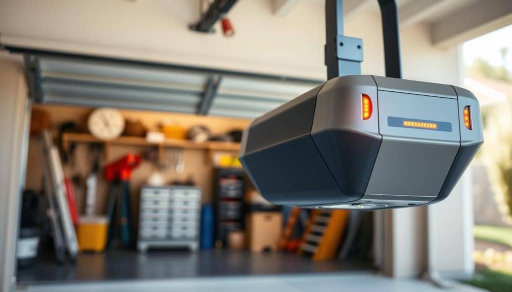 A modern garage door opener prominently featured in the foreground, showcasing its sleek design and illuminated control panel. The device should exhibit high detail, including buttons and LED indicators. In the middle ground, a partially opened garage door reveals a typical suburban garage interior, with tools and storage items neatly organized. Soft natural light filters through the garage door panels, creating a warm and inviting atmosphere. The background includes a well-maintained driveway and a hint of greenery, emphasizing a homey environment. Utilize a shallow depth of field to focus on the opener while gently blurring the surroundings. The overall mood conveys practicality and functionality, highlighting the importance of the garage door opener in everyday life.