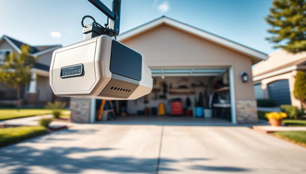 A modern garage door opener showcased prominently in the foreground, featuring a sleek design and advanced technology, such as a keypad and remote control. In the middle ground, a well-maintained garage door stands open, revealing a clean garage interior with tools and storage arranged neatly. The background includes a suburban neighborhood with well-kept houses and a clear blue sky, bathed in soft, natural lighting that suggests a sunny day. Capture the scene from a slightly low angle, emphasizing the garage door opener and the door’s functionality. The overall atmosphere should be one of practicality and reliability, showcasing the best in modern garage technology, appealing to homeowners looking for effective solutions.