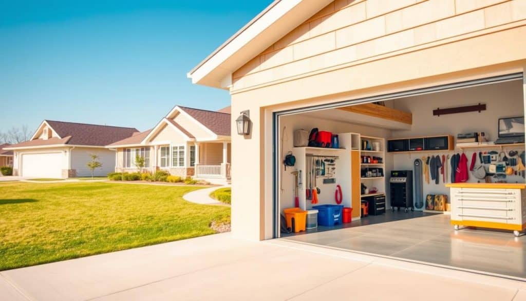 A modern garage door prominently featured in the foreground, showcasing a stylish, contemporary design with clean lines and a sleek finish. The door is partially opened, revealing a well-organized garage interior filled with various tools and storage solutions. In the middle ground, the exterior of a suburban home can be seen, highlighting a well-manicured lawn and a clear blue sky creating a warm, inviting atmosphere. The lighting is bright and natural, casting soft shadows that emphasize the textures of the garage door and surroundings. The image is shot from a slightly low angle to capture the height of the garage and create a sense of presence, aiming for a professional yet approachable mood, suitable for an informative article.