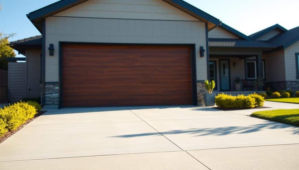 A modern garage door with a sleek design, featuring horizontal wood panels and elegant black handles, dominates the foreground. In the middle ground, a well-kept driveway with a subtle grey surface leads to the door, framed by well-manicured shrubs and a few decorative potted plants for added detail. The background consists of a contemporary home with neutral-colored siding and a clear blue sky, casting soft, natural light that highlights the textures and colors. The scene is captured from a slight low angle to emphasize the grandeur of the garage door while providing a warm, inviting atmosphere. Soft shadows enhance the depth, creating a professional yet approachable mood for homeowners considering new garage doors.