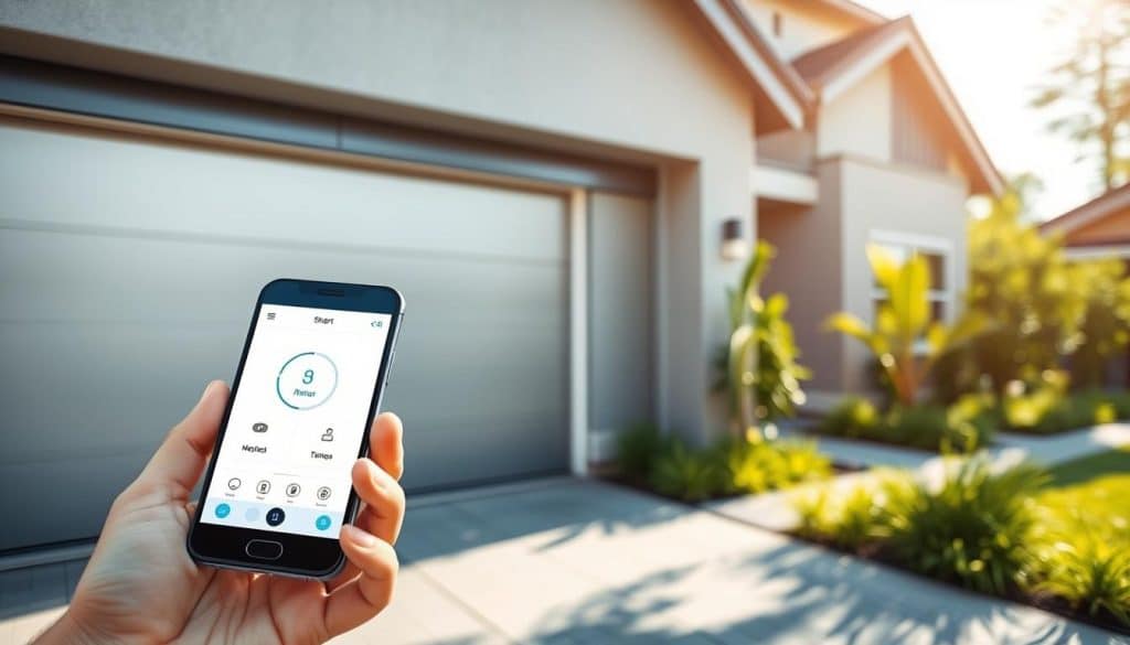 A modern garage featuring a sleek, smart garage door, partially open. In the foreground, a smartphone displays a user-friendly app interface, its screen glowing softly, illustrating a control feature. The middle of the image shows the smart garage door with advanced sensors and a polished finish, integrated seamlessly into a contemporary home exterior. In the background, the driveway is neatly paved, with green landscaping framing the scene under bright, natural daylight. The atmosphere is tech-savvy and inviting, evoking a sense of convenience and modern living. Use a wide-angle lens effect to emphasize the spaciousness, while ensuring the overall lighting is bright and clear, highlighting the innovative features of the garage door.