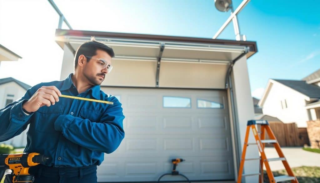 A modern garage showcasing a partially open garage door revealing a new, stylish door being installed. In the foreground, a professional technician in a blue uniform and safety goggles checks measurements with a tape measure. Tools such as a power drill and a ladder are nearby, implying an ongoing installation. The middle ground features the sleek lines of the new garage door, possibly in a contemporary design with windows, contrasting with the old door, which is being removed. The background shows a suburban neighborhood with houses under a sunny sky. The lighting is bright and natural, highlighting the activity with a sense of progress and professionalism. The mood is focused and industrious, reflecting a typical day in home improvement.
