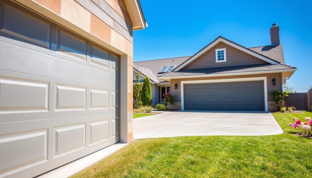 A modern insulated garage door, prominently featured in the foreground, showcasing its sleek design and multiple layers of insulation. The door is painted in a sophisticated shade of gray, reflecting sunlight that creates soft shadows, highlighting its texture and durability. In the middle ground, a cozy residential setting with a well-maintained garage, complemented by a manicured lawn and blooming flowers, gives a sense of warmth and comfort. In the background, a clear blue sky enhances the vibrant atmosphere, suggesting energy efficiency and tranquility. The scene is lit with natural daylight, contributing to an inviting and serene mood, ideal for displaying the benefits of insulated garage doors.