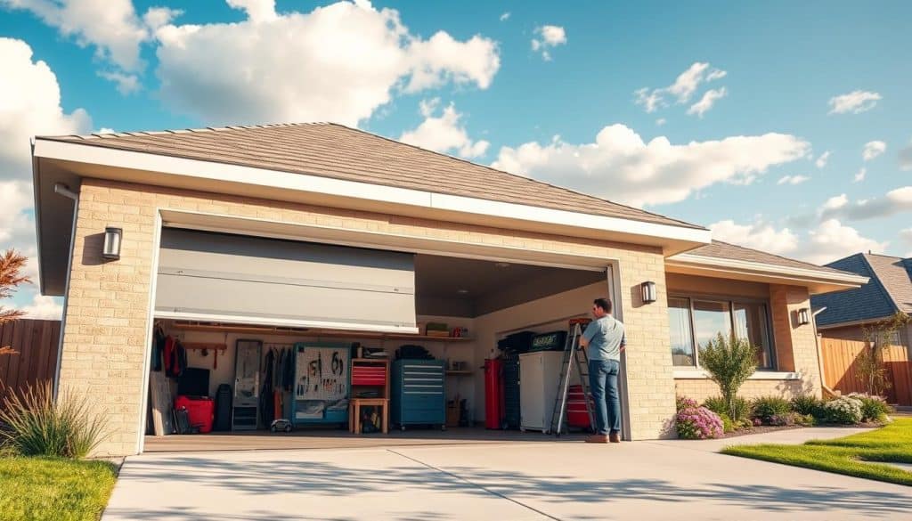 A modern residential garage door installed on a suburban home, showcasing a sleek, contemporary design. The foreground features the garage door partially open, revealing a clean and organized garage space with tools and equipment neatly arranged. In the middle ground, the driveway is lined with green grass and flower beds, enhancing the home’s curb appeal. The background features a clear blue sky with soft, fluffy clouds, adding a sense of tranquility. The scene is bathed in warm, natural sunlight that creates inviting shadows, promoting a welcoming atmosphere. For a professional touch, include a technician in modest casual clothing working on the door, emphasizing expertise and reliability in garage services. The image should feel bright and airy, encouraging the viewer to consider garage upgrades.